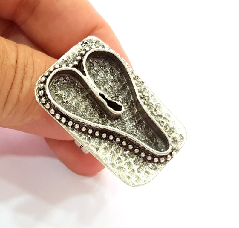 Silver Ring Blank Base Bezel Settings Cabochon Base Mountings Adjustable , Antique Silver Plated Brass G8672