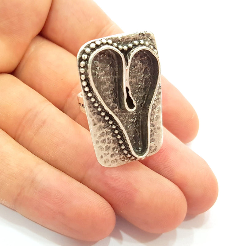 Silver Ring Blank Base Bezel Settings Cabochon Base Mountings Adjustable , Antique Silver Plated Brass G8672