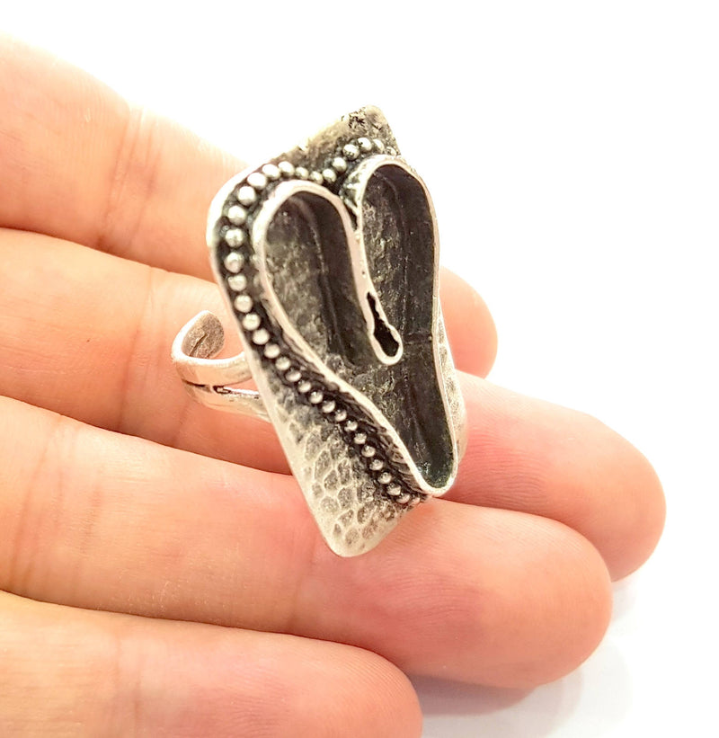 Silver Ring Blank Base Bezel Settings Cabochon Base Mountings Adjustable , Antique Silver Plated Brass G8672