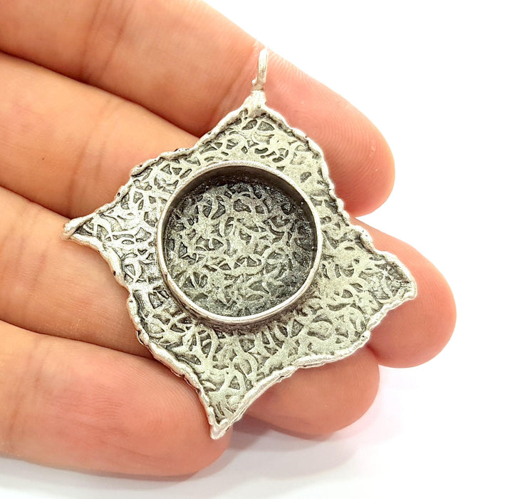 Silver Pendant Blank Bezel Base Setting Necklace Blank Resin Blank Mountings Antique Silver Plated Brass ( 37x33mm )  G8684