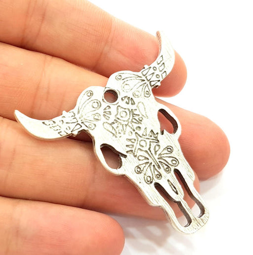 Ox Head Skull Pendant Silver Pendant Antique Silver Plated Pendant (47x47mm) G8413