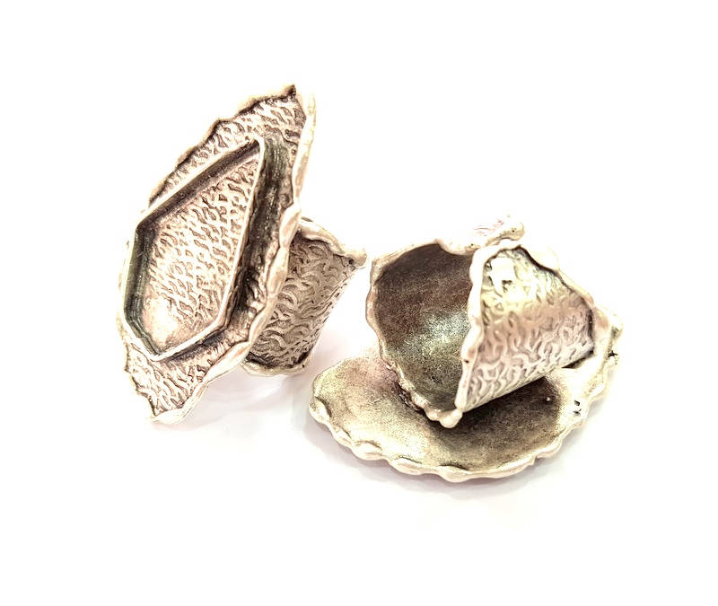 Silver Ring Blank Base Bezel Settings Cabochon Base Mountings Adjustable (26x17mm Blank) , Antique Silver Plated Brass G8030