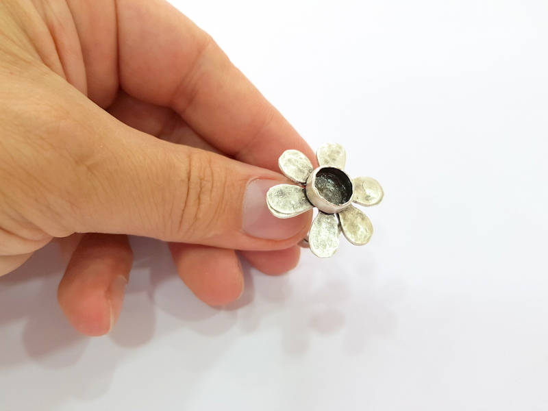 Silver Ring Blank Base Bezel Settings Cabochon Base Mountings Adjustable (10mm Blank) , Antique Silver Plated Brass G8069