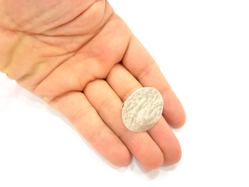 Silver Ring Blank Base Bezel Settings Cabochon Base Mountings Adjustable (30mm Blank) , Antique Silver Plated Brass G8074