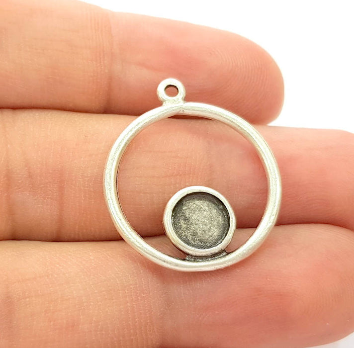 6 Silver Pendant Bezel Blank Earring Component Antique Silver Plated Blanks (7mm Blank) G8078