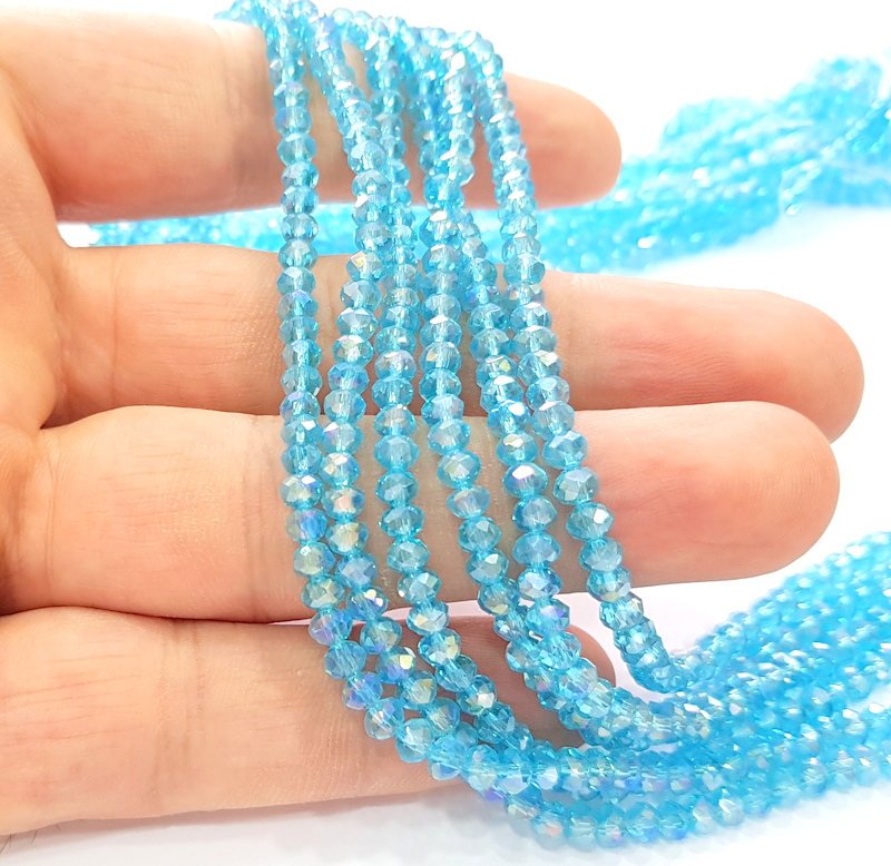 Cyan Blue Glass Rondelle Faceted Beads  140 Pcs (4x3 mm),  1 strand approx 45 cm ( approx 17,5 inch) G8099
