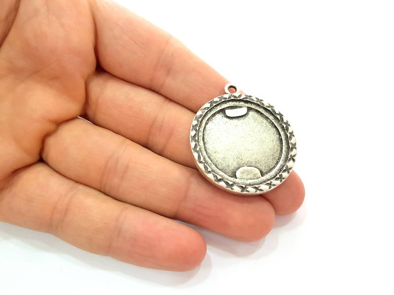 Silver Pendant Blank Bezel Base Setting Necklace Blank Mountings Antique Silver Plated  (35mm) G8126