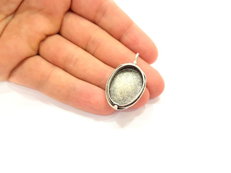 Silver Pendant Blank Bezel Base Setting Necklace Blank Mountings Antique Silver Plated Brass (25x18 mm blank) G12641