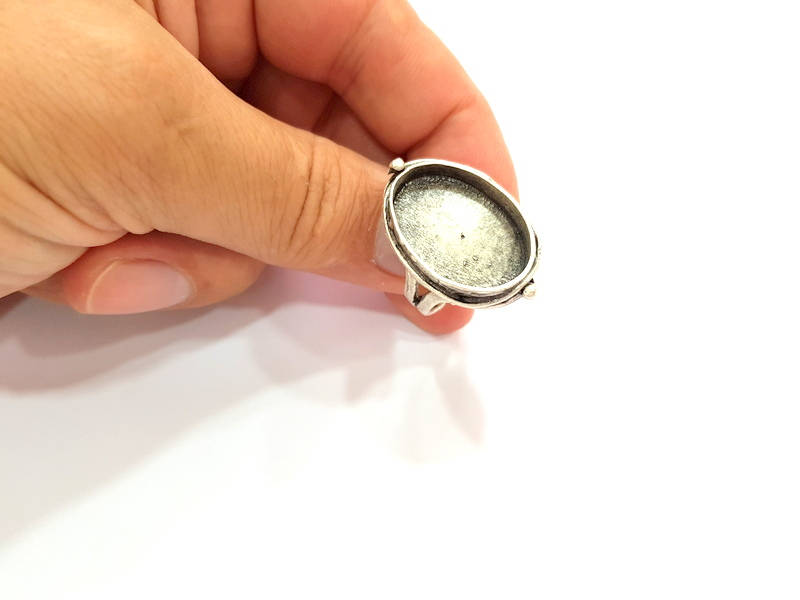 Silver Ring Blank Base Bezel Settings Cabochon Base Mountings Adjustable (25x18mm Blank) , Antique Silver Plated Brass G8139