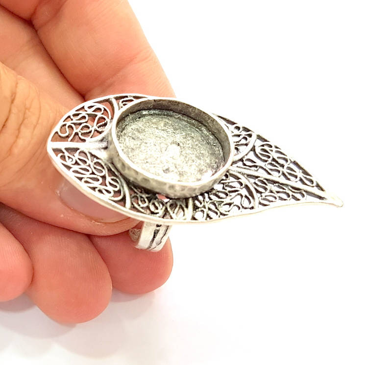 Silver Ring Blank Base Bezel Settings Cabochon Base Mountings Adjustable (20mm Blank) , Antique Silver Plated Brass G8145