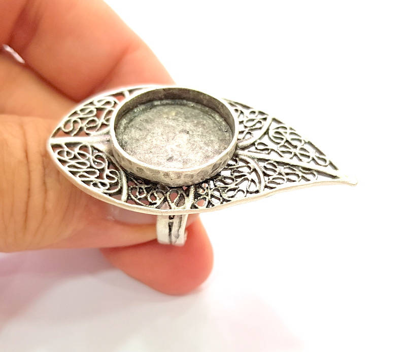 Silver Ring Blank Base Bezel Settings Cabochon Base Mountings Adjustable (20mm Blank) , Antique Silver Plated Brass G8145