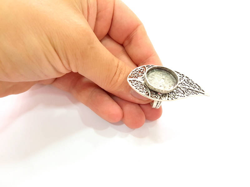 Silver Ring Blank Base Bezel Settings Cabochon Base Mountings Adjustable (20mm Blank) , Antique Silver Plated Brass G8145