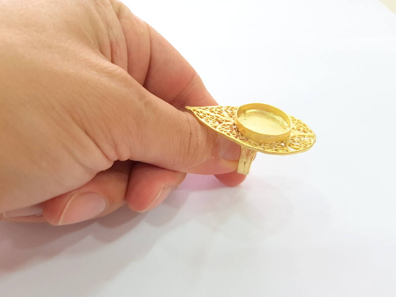 Gold Ring Blank Ring Settings Ring Bezel Base Cabochon Mountings Adjustable  (20mm blank ) Gold Plated Brass G8150