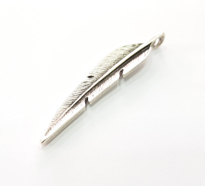 2 Silver Feather Pendant Antique Silver Plated Pendants (67x12mm)  G8424
