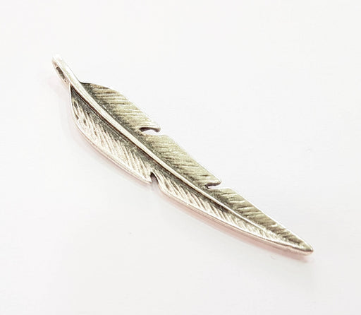 2 Silver Feather Pendant Antique Silver Plated Pendants (67x12mm)  G8424