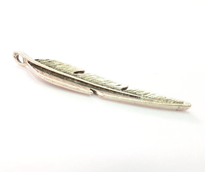2 Silver Feather Pendant Antique Silver Plated Pendants (67x12mm)  G8424