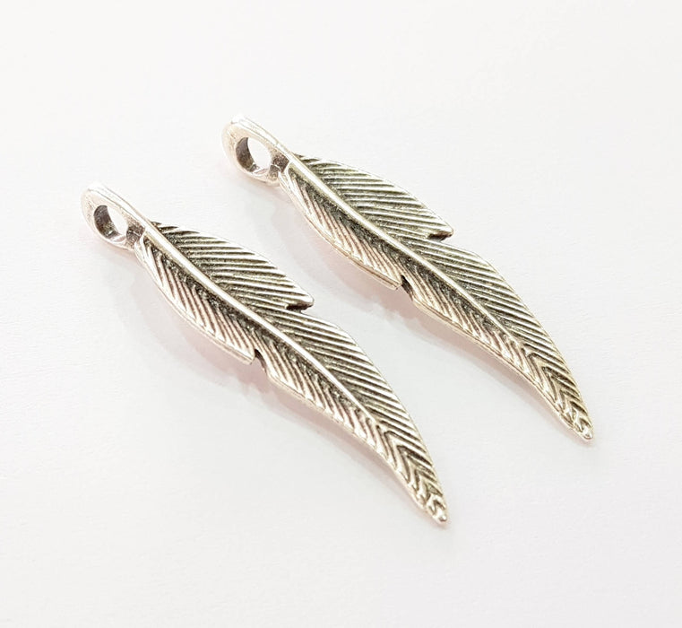 4 Silver Feather Pendant Antique Silver Plated Pendants (44x10mm)  G8426