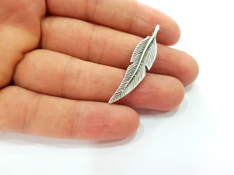 4 Silver Feather Pendant Antique Silver Plated Pendants (44x10mm)  G8426