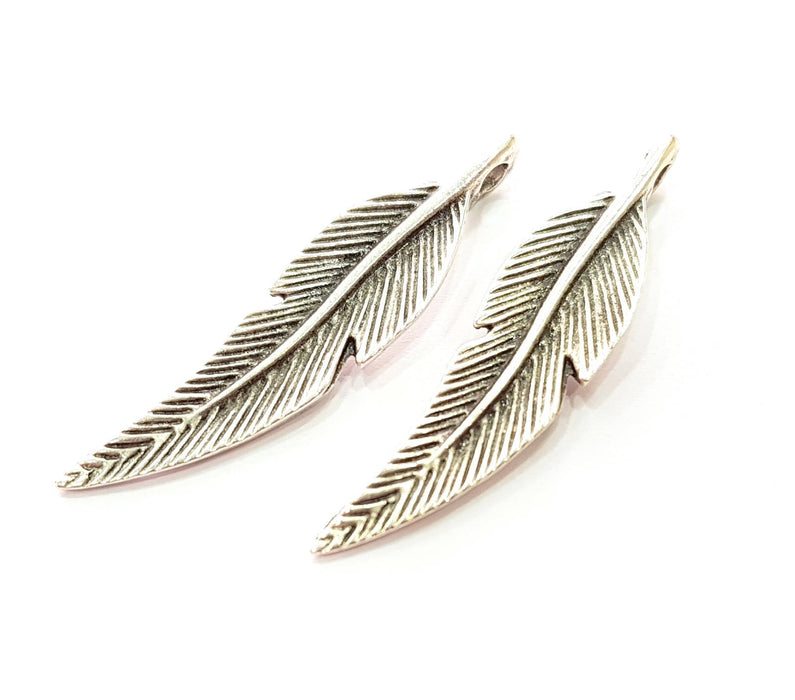 4 Silver Feather Pendant Antique Silver Plated Pendants (44x10mm)  G8426