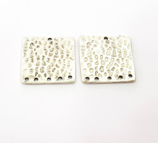 2 Silver Plated Square Connector Antique Silver Plated Brass Hammered Charms (21mm)  G8463