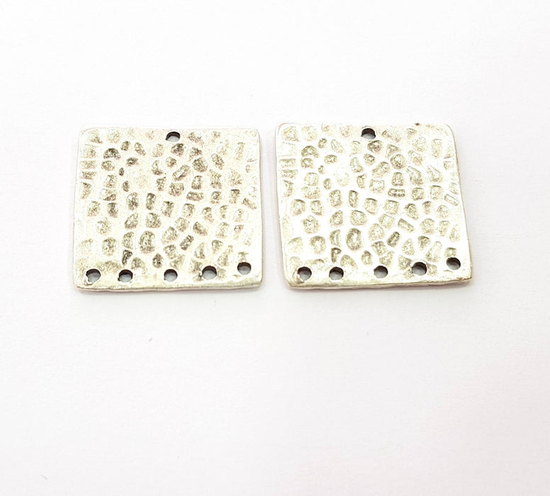 2 Silver Plated Square Connector Antique Silver Plated Brass Hammered Charms (21mm)  G8463