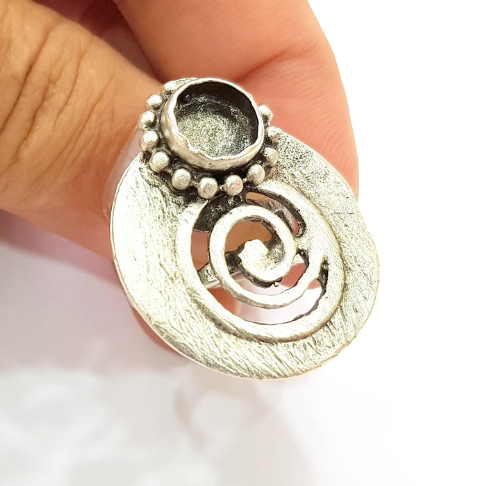 Silver Ring Blank Base Bezel Settings Cabochon Base Mountings Adjustable (10mm Blank) , Antique Silver Plated Brass G9197