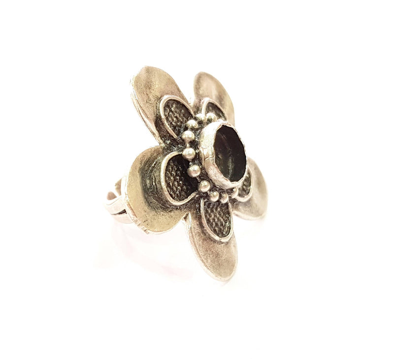 Silver Ring Blank Base Bezel Settings Cabochon Base Mountings Adjustable (10mm Blank) , Antique Silver Plated Brass G8479