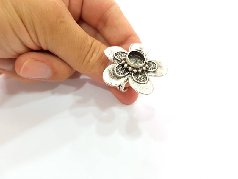 Silver Ring Blank Base Bezel Settings Cabochon Base Mountings Adjustable (10mm Blank) , Antique Silver Plated Brass G8479