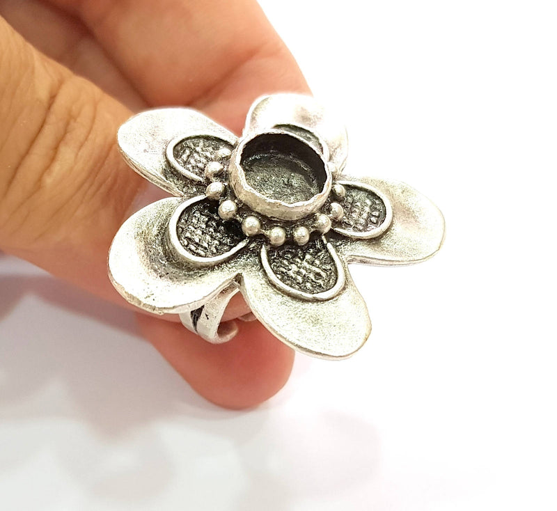 Silver Ring Blank Base Bezel Settings Cabochon Base Mountings Adjustable (10mm Blank) , Antique Silver Plated Brass G8479