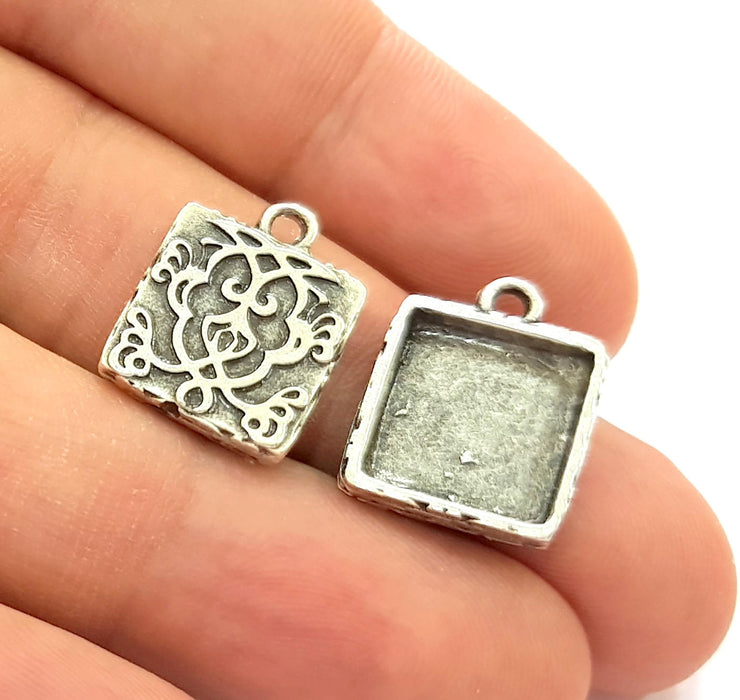 6 Silver Pendant Blank Bezel Base Setting Necklace Blank Resin Blank Mountings Antique Silver Plated  (12x12mm blank )  G8798