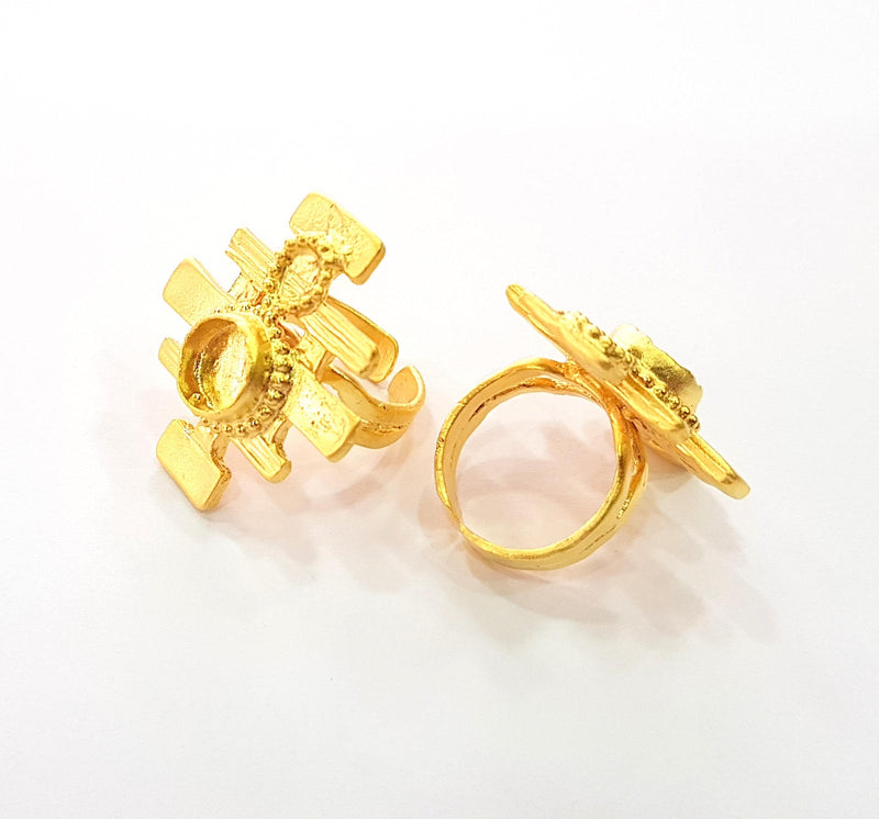 Gold Ring Blank Base Bezel Settings Cabochon Base Mountings Adjustable (10mm Blank) , Gold Plated Brass G8568