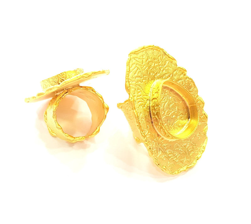 Gold Ring Blank Base Bezel Settings Cabochon Base Mountings Adjustable (20x15mm Blank) , Gold Plated Brass G8569
