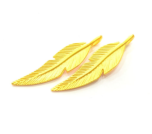 2 Gold Feather Charm Gold Plated Charms  (43x10mm)  G8574