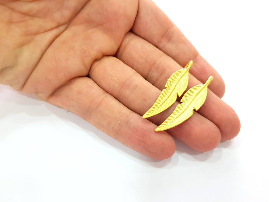 2 Gold Feather Charm Gold Plated Charms  (43x10mm)  G8574