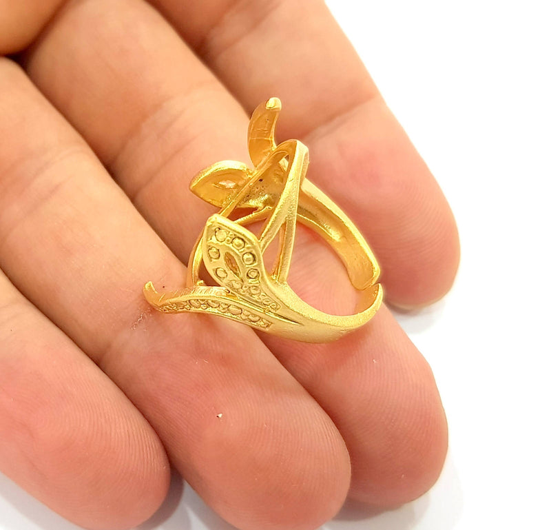 Gold Ring Blank Ring Settings Ring Bezel Base Cabochon Mountings Adjustable  (25x18mm blank ) Gold Plated Brass G8642