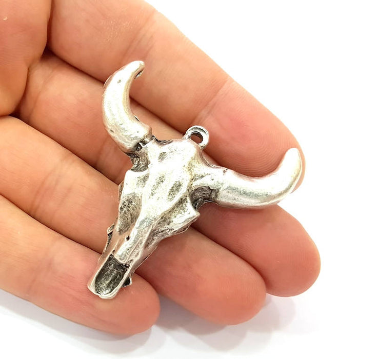 Ox Head Skull Pendant Silver Pendant Antique Silver Plated Pendant (44x42mm) G8651