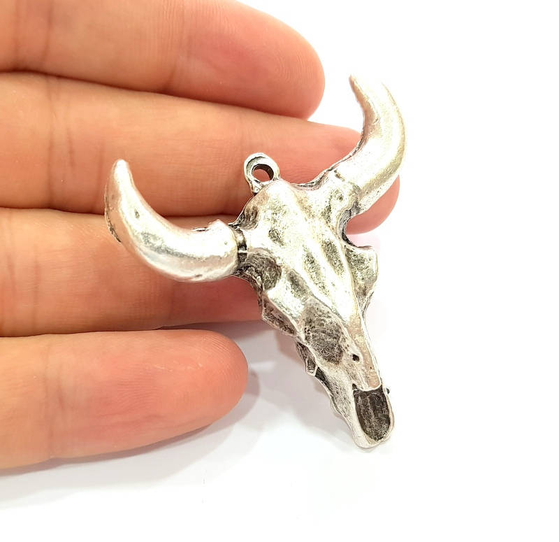 Ox Head Skull Pendant Silver Pendant Antique Silver Plated Pendant (44x42mm) G8651