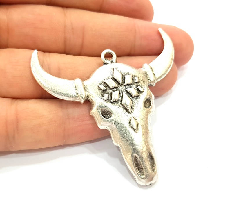Ox Head Skull Pendant Silver Pendant Antique Silver Plated Pendant (52x50mm) G8652