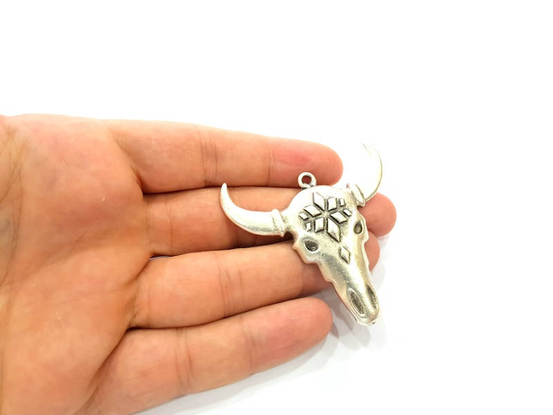 Ox Head Skull Pendant Silver Pendant Antique Silver Plated Pendant (52x50mm) G8652