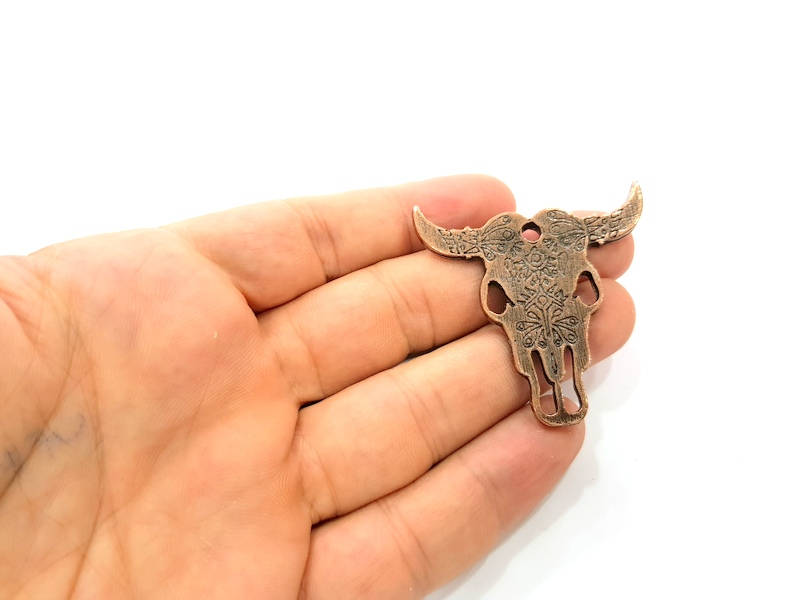 Ox Head Skull Pendant  Antique Copper Plated Pendant (48x47mm)  G8657