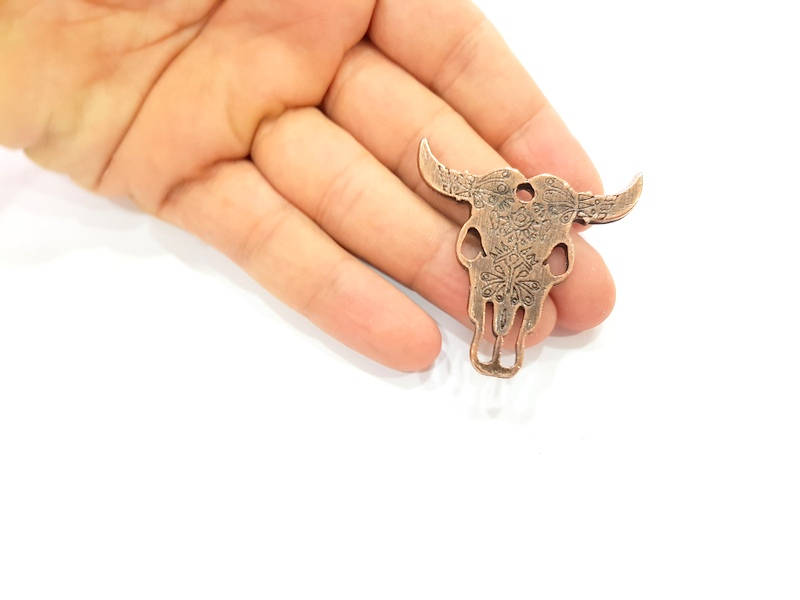 Ox Head Skull Pendant  Antique Copper Plated Pendant (48x47mm)  G8657