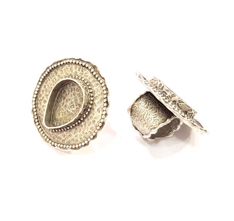 Silver Ring Blank Base Bezel Settings Cabochon Base Mountings Adjustable (25x18mm Blank) Antique Silver Plated Brass G8833