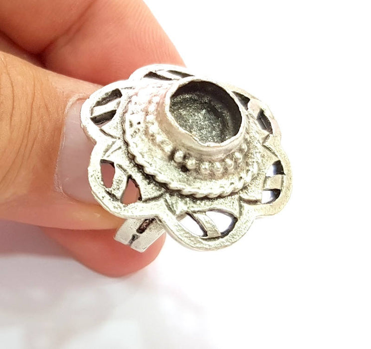 Silver Ring Blank Base Bezel Settings Cabochon Base Mountings Adjustable (9mm Blank) , Antique Silver Plated Brass G8331