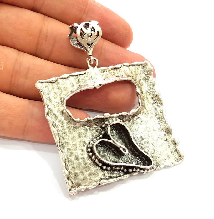 Silver Pendant Blank Bezel Base Setting Necklace Blank Resin Blank Mountings Antique Silver Plated Brass ( 50x46mm )  G8333