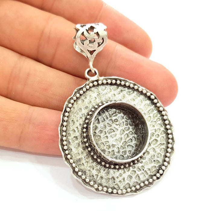 Silver Pendant Blank Bezel Base Setting Necklace Blank Resin Blank Mountings Antique Silver Plated Brass ( 50mm )  G8335