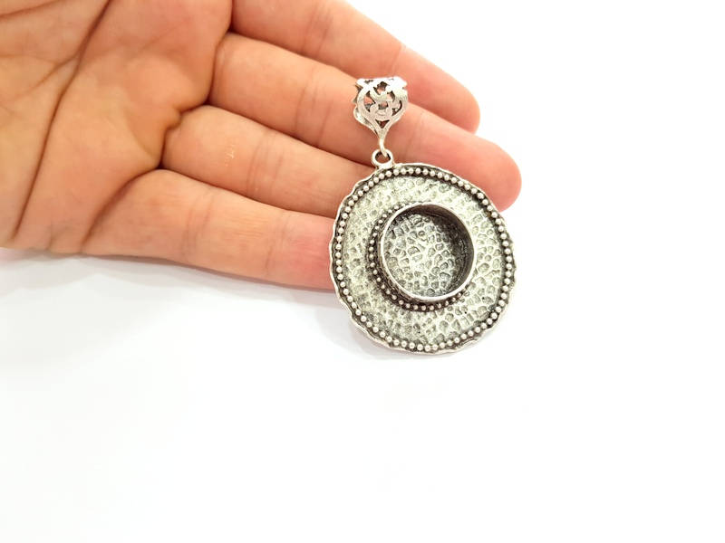 Silver Pendant Blank Bezel Base Setting Necklace Blank Resin Blank Mountings Antique Silver Plated Brass ( 50mm )  G8335