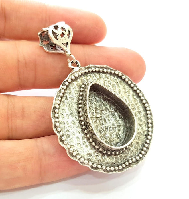 Silver Pendant Blank Bezel Base Setting Necklace Blank Resin Blank Mountings Antique Silver Plated Brass ( 63mm )  G8338