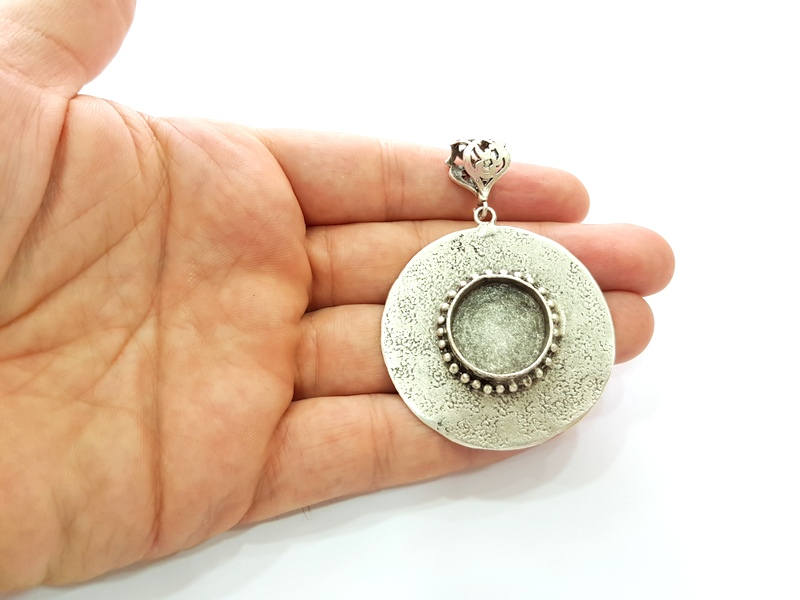 Silver Pendant Blank Bezel Base Setting Necklace Blank Resin Blank Mountings Antique Silver Plated Brass ( 44mm )  G8339