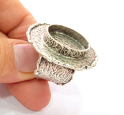 Silver Ring Blank Base Bezel Settings Cabochon Base Mountings Adjustable (20mm Blank) , Antique Silver Plated Brass G8676