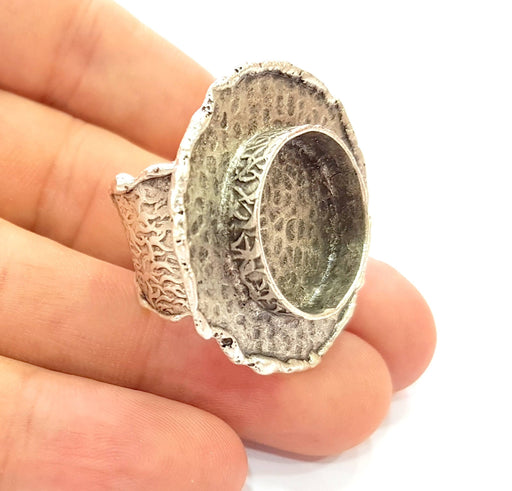 Silver Ring Blank Base Bezel Settings Cabochon Base Mountings Adjustable (20mm Blank) , Antique Silver Plated Brass G8676